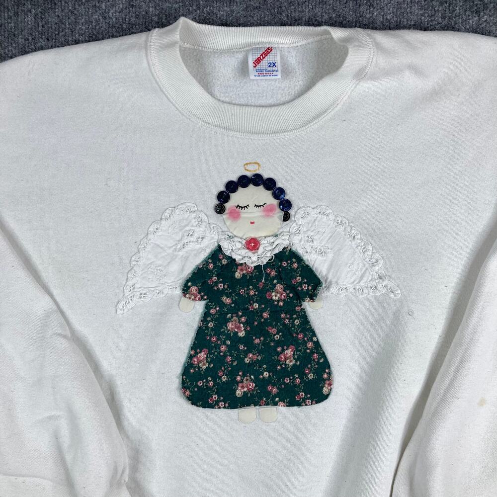Jerzees Sweatshirt Womens Size 2X White Angel Applique‎ Holiday Vintage